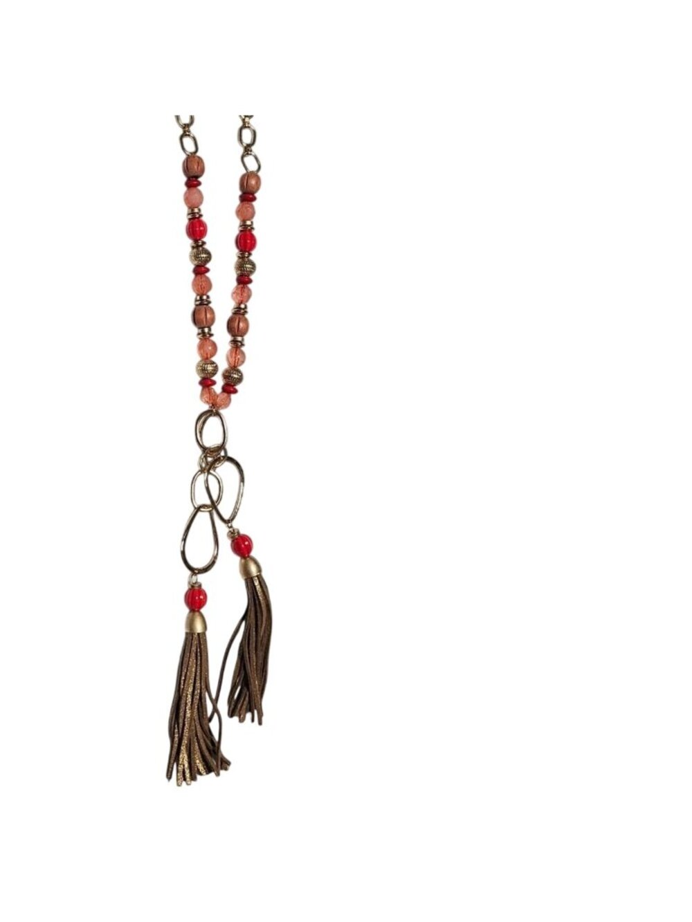 Vintage Beaded Necklace Leather Tassel Pendant Red Pink Beads Fashion Jewelry